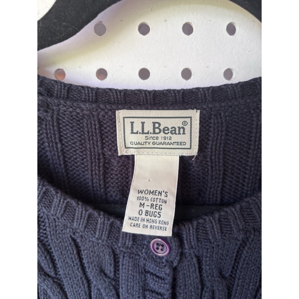L.L.Bean Women's M Reg Navy Blue Cotton Cable Knit Cardigan Sweater Button - Picture 2 of 5